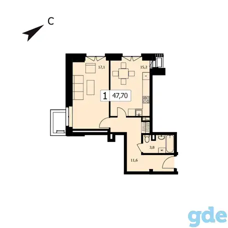 1-но комнатная квартира, 47,70 м², 1 эт., ЖК TWICE, ТВАЙС, фотография 1
