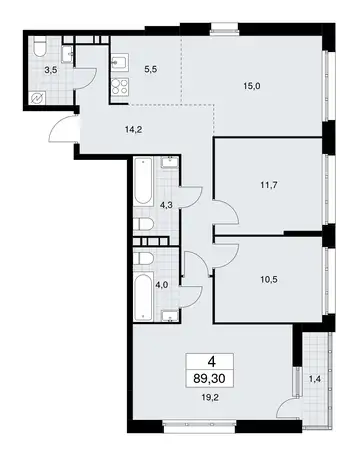 3-х комнатная квартира, 89,30 м², 8 эт., ЖК Родные кварталы, фотография 2