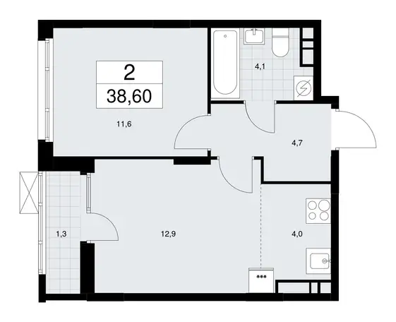 1-но комнатная квартира, 38,60 м², 9 эт., ЖК Дзен кварталы, фотография 1