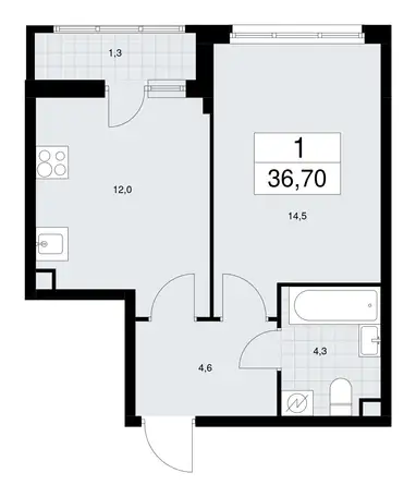1-но комнатная квартира, 36,70 м², 2 эт., ЖК Родные кварталы, фотография 1