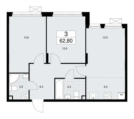2-х комнатная квартира, 62,80 м², 2 эт., ЖК Дзен кварталы, фотография 1