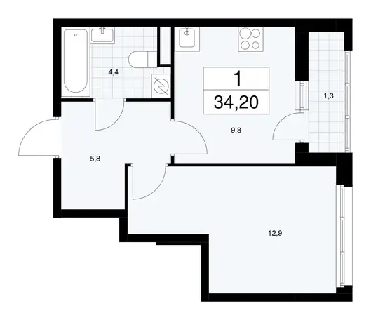 1-но комнатная квартира, 34,20 м², 2 эт., ЖК Родные кварталы, фотография 1
