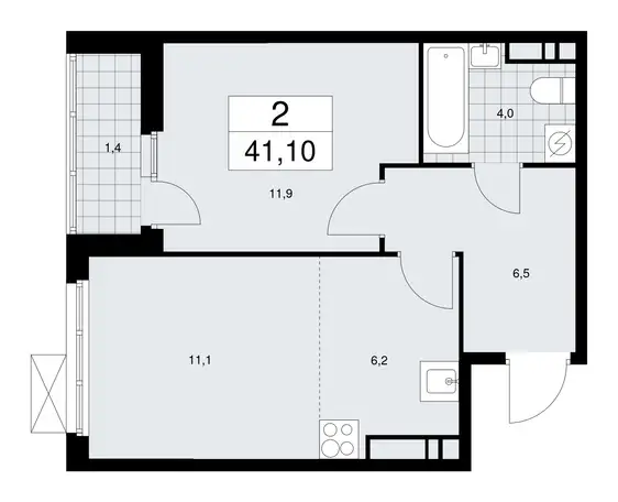 1-но комнатная квартира, 41,10 м², 13 эт., ЖК Бунинские Кварталы, фотография 1