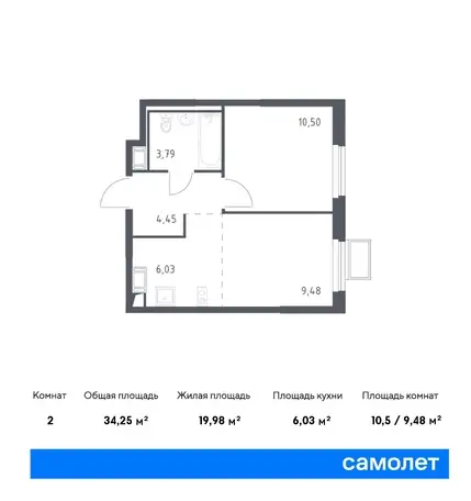 2-х комнатная квартира, 34,25 м², 10 эт., ЖК Горки Парк, фотография 1