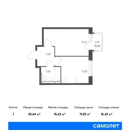 1-но комнатная квартира, 35,64 м², 11 эт., ЖК Новое Видное, фотография 1