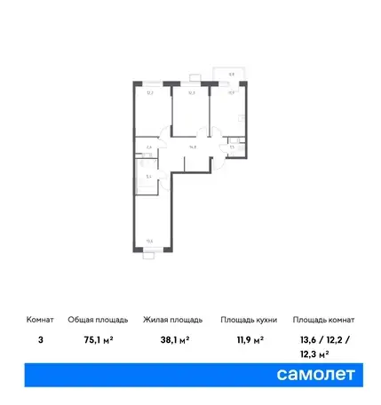 3-х комнатная квартира, 75,10 м², 9 эт., ЖК Цветочные поляны, фотография 1