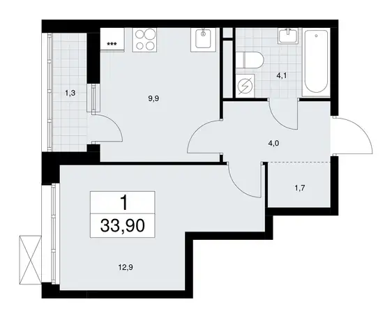 1-но комнатная квартира, 33,90 м², 6 эт., ЖК Родные кварталы, фотография 1