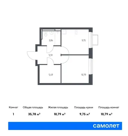 1-но комнатная квартира, 35,78 м², 9 эт., ЖК Богдановский Лес, фотография 1
