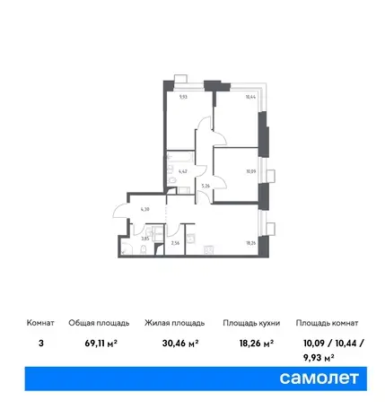 3-х комнатная квартира, 69,11 м², 22 эт., ЖК Тропарево Парк, фотография 1