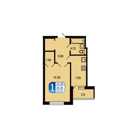 1-но комнатная квартира, 37,37 м², 6 эт., ЖК Москворецкий, фотография 1