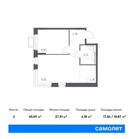 2-х комнатная квартира, 40,59 м², 11 эт., ЖК Новое Видное, фотография 1