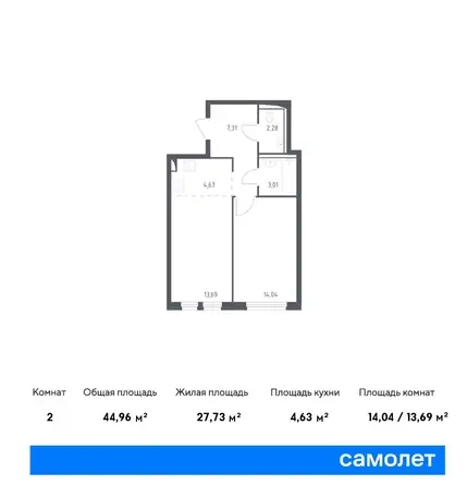 3-х комнатная квартира, 53,20 м², 9 эт., ЖК Остафьево, фотография 1