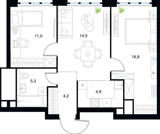 3-х комнатная квартира, 56,70 м², 33 эт., ЖК Level Южнопортовый, Левел Южнопортовый, фотография 1