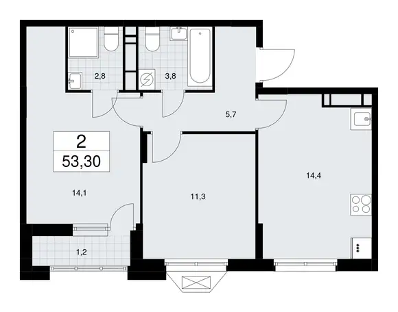 2-х комнатная квартира, 53,30 м², 13 эт., ЖК Бунинские Кварталы, фотография 1