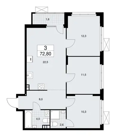 2-х комнатная квартира, 72,80 м², 3 эт., ЖК Бунинские Кварталы, фотография 1