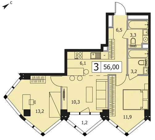 2-х комнатная квартира, 56,00 м², 23 эт., ЖК INDY TOWERS, Инди Тауэрс, фотография 1