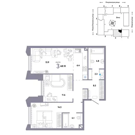 2-х комнатная квартира, 68,10 м², 23 эт., ЖК Страна озёрная, фотография 2