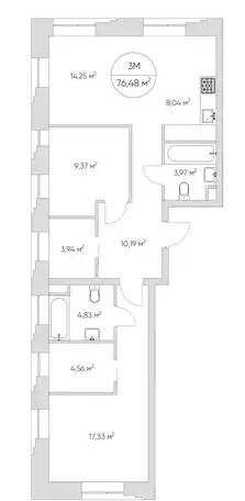 3-х комнатная квартира, 76,48 м², 11 эт., ЖК NiceLoft, НайсЛофт, фотография 2