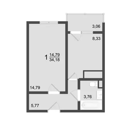 1-но комнатная квартира, 34,18 м², 5 эт., ЖК Клевер, фотография 1