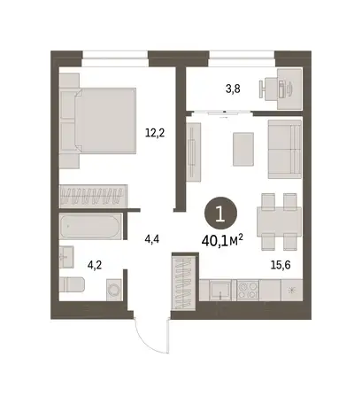 1-но комнатная квартира, 40,06 м², 7 эт., ЖК Первый Квартал, фотография 1