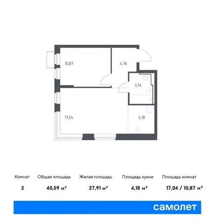 2-х комнатная квартира, 40,59 м², 12 эт., ЖК Новое Видное, фотография 1