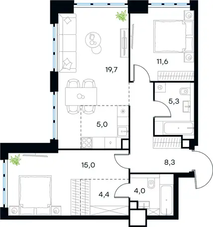 3-х комнатная квартира, 73,30 м², 16 эт., ЖК Level Южнопортовый, Левел Южнопортовый, фотография 1