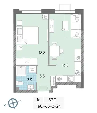 1-но комнатная квартира, 37,00 м², 7 эт., ЖК Лучи, фотография 2