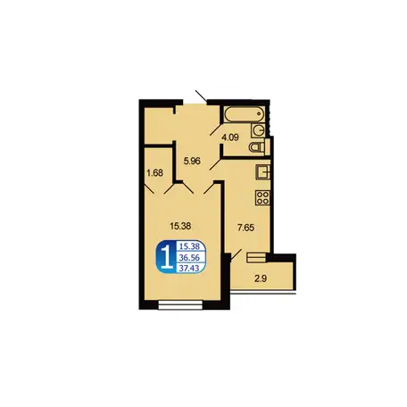 1-но комнатная квартира, 37,40 м², 2 эт., ЖК Москворецкий, фотография 1