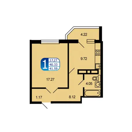 1-но комнатная квартира, 41,59 м², 7 эт., ЖК Москворецкий, фотография 1