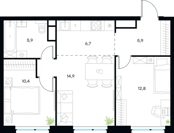 3-х комнатная квартира, 56,50 м², 28 эт., ЖК Level Мичуринский, Левел Мичуринский, фотография 1