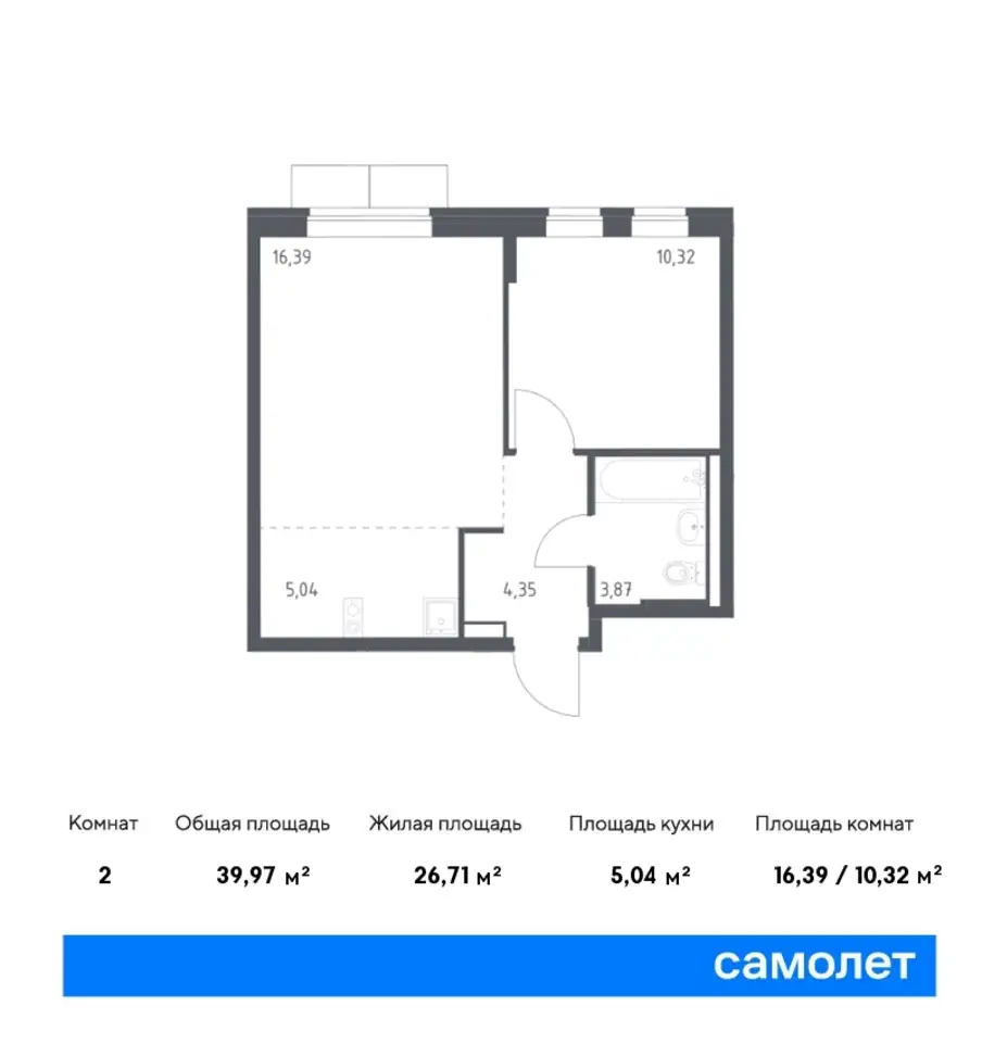 2-х комнатная квартира, 39,97 м², 8 эт., ЖК Подольские Кварталы, фотография 1