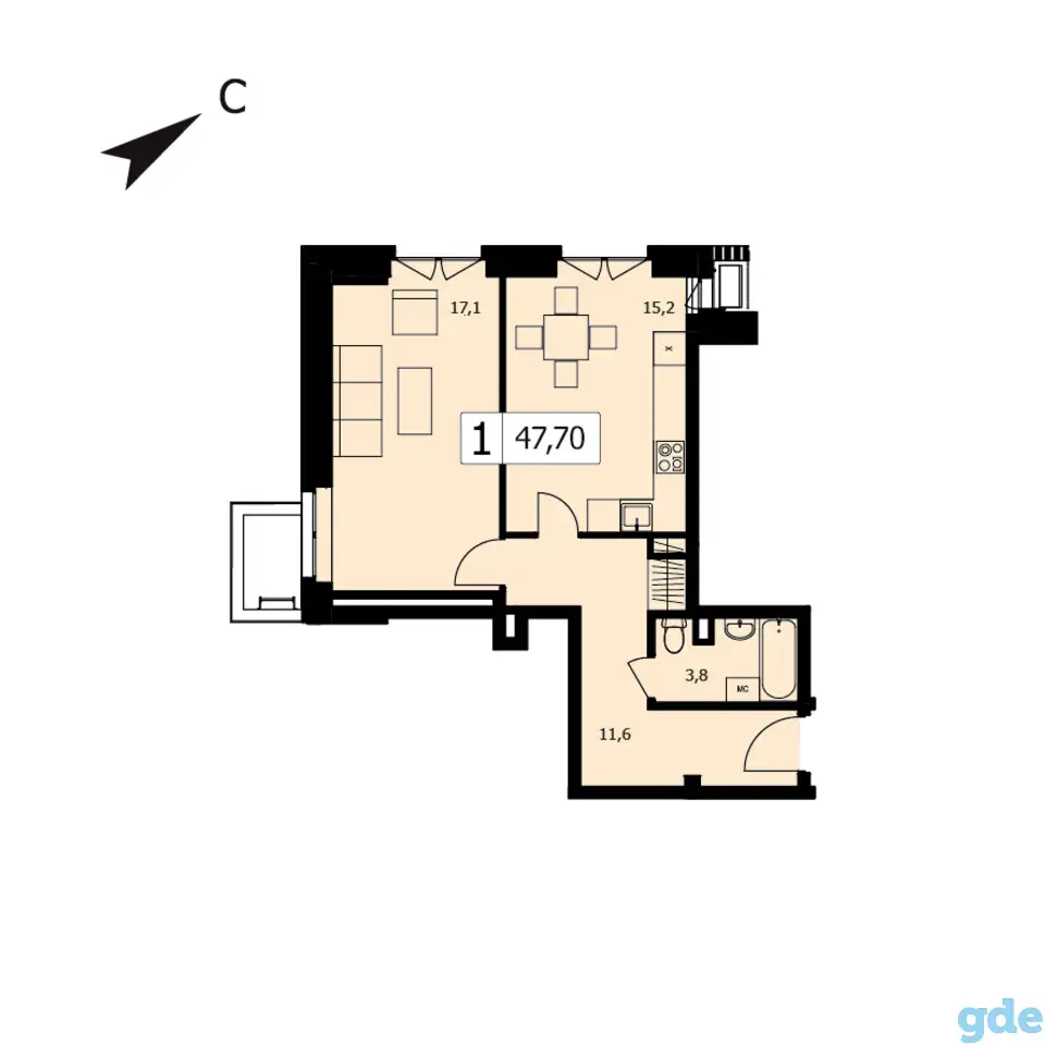 1-но комнатная квартира, 47,70 м², 1 эт., ЖК TWICE, ТВАЙС, фотография 1
