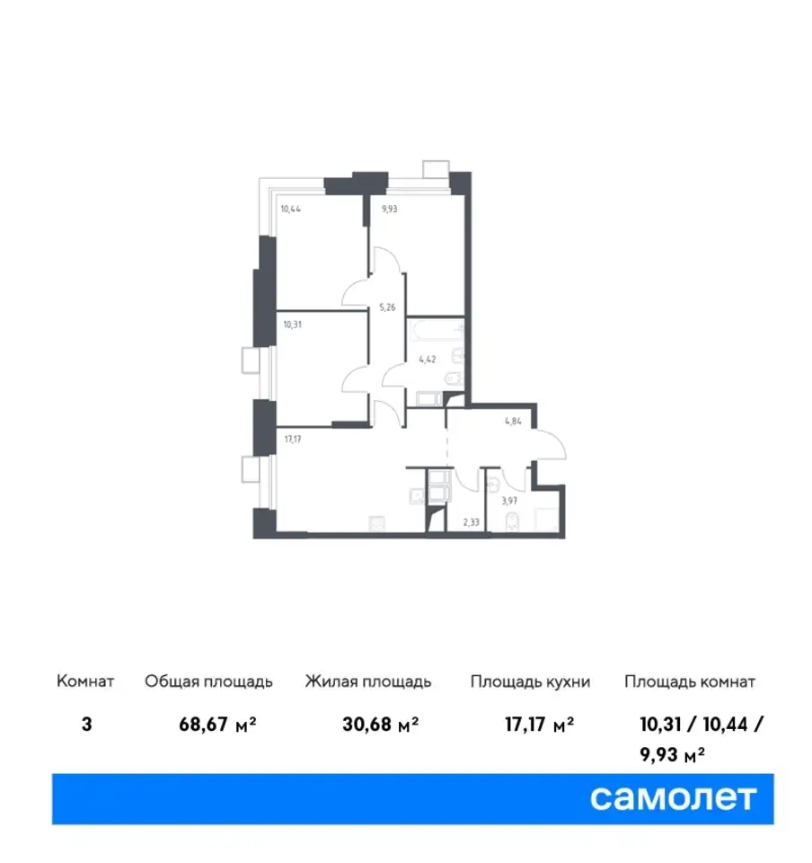3-х комнатная квартира, 68,67 м², 23 эт., ЖК Тропарево Парк, фотография 1