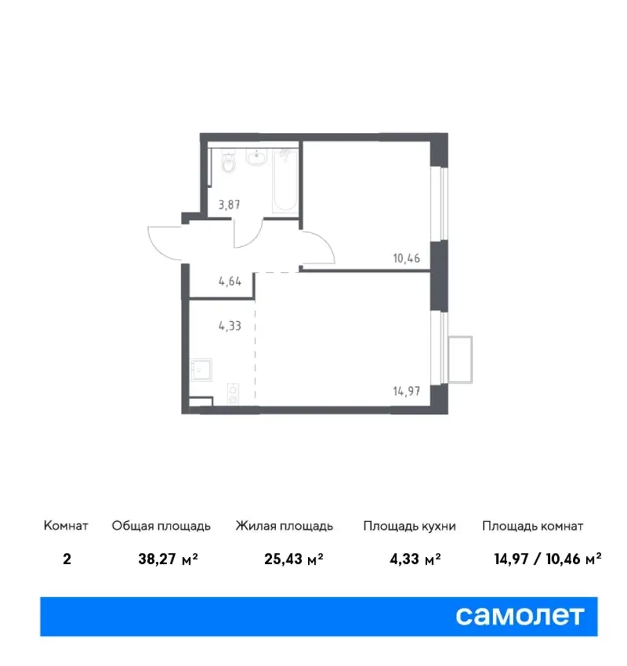 2-х комнатная квартира, 38,27 м², 15 эт., ЖК Пригород Лесное, фотография 1