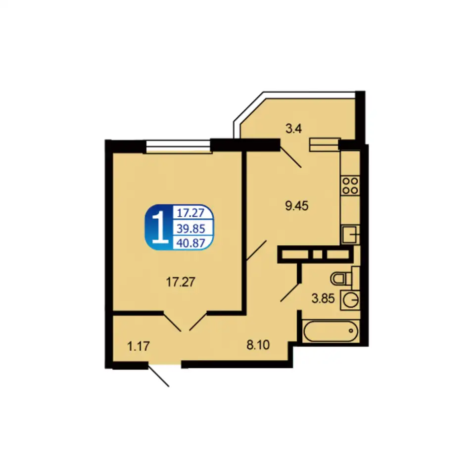1-но комнатная квартира, 40,87 м², 7 эт., ЖК Москворецкий, фотография 1