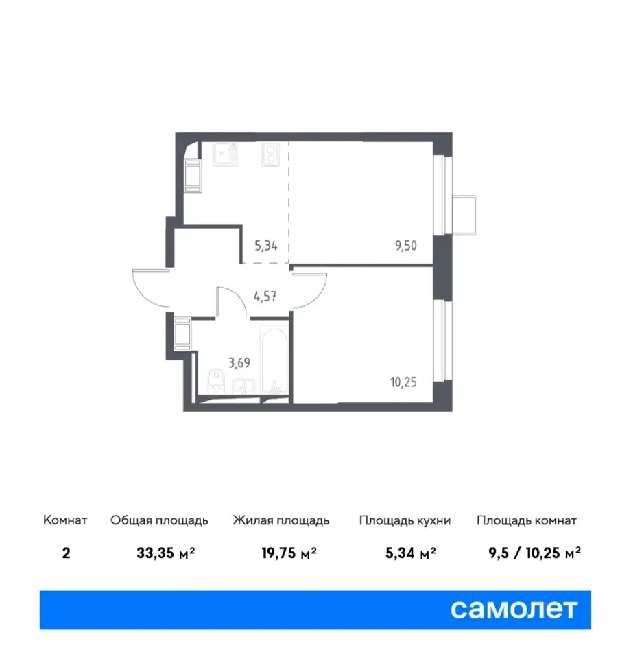 2-х комнатная квартира, 33,35 м², 7 эт., ЖК Пригород Лесное, фотография 1
