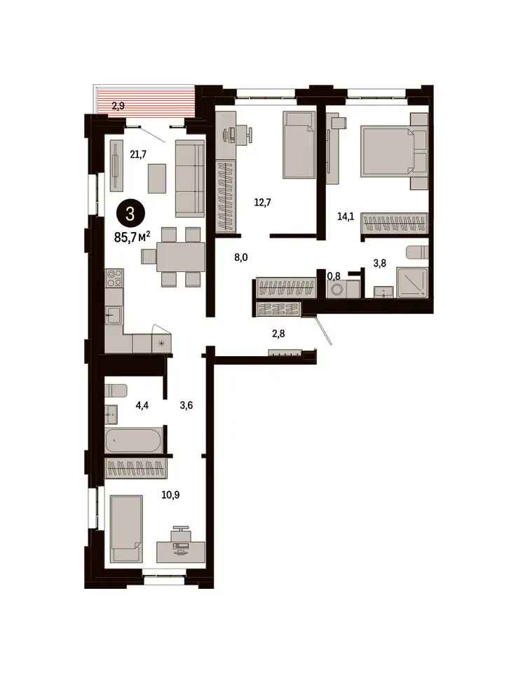 3-х комнатная квартира, 85,70 м², 4 эт., ЖК Метроном, фотография 1
