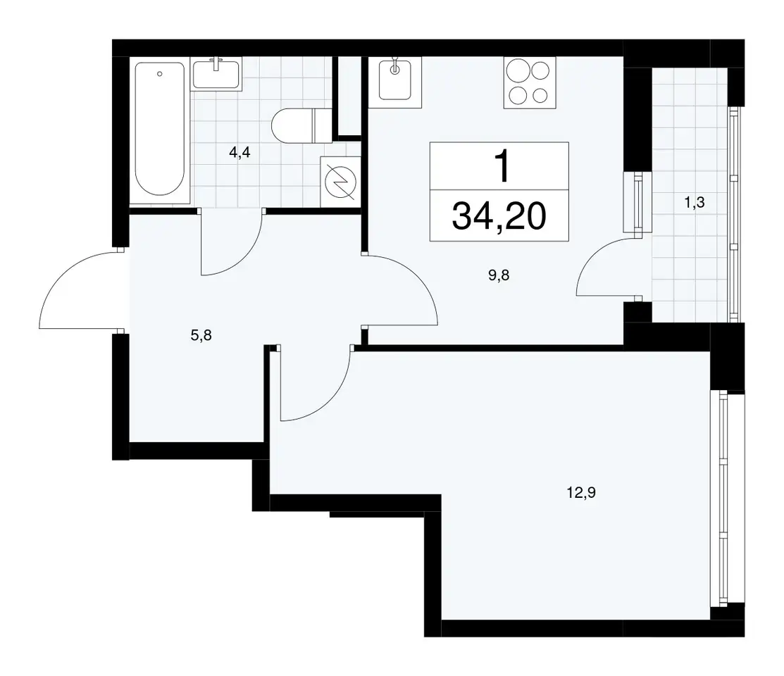1-но комнатная квартира, 34,20 м², 2 эт., ЖК Родные кварталы, фотография 1
