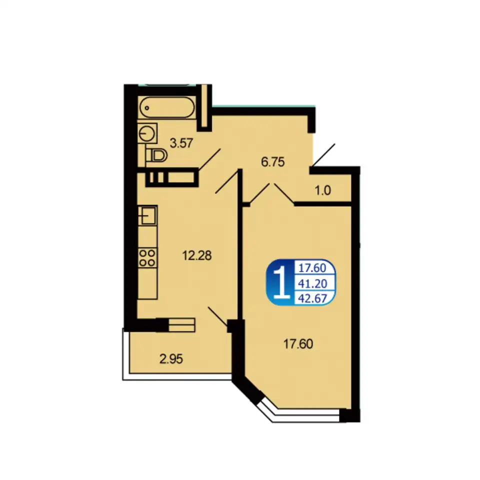 1-но комнатная квартира, 42,50 м², 9 эт., ЖК Москворецкий, фотография 1