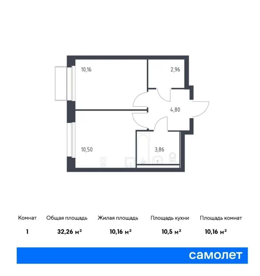 1-но комнатная квартира, 32,26 м², 11 эт., ЖК Квартал Марьино, фотография 1