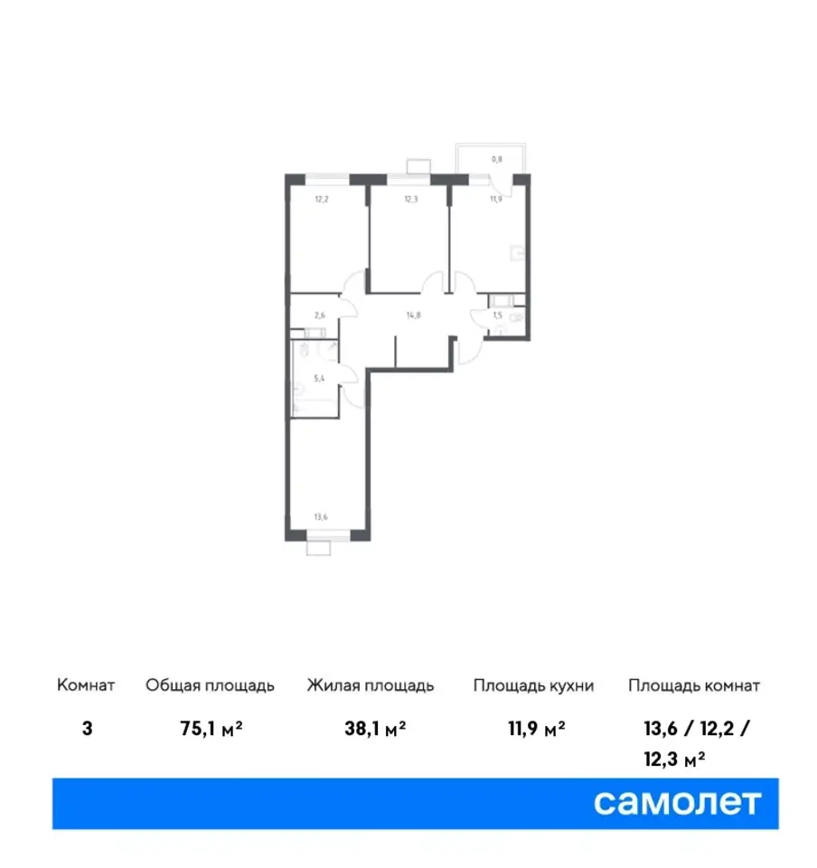 3-х комнатная квартира, 75,10 м², 9 эт., ЖК Цветочные поляны, фотография 1