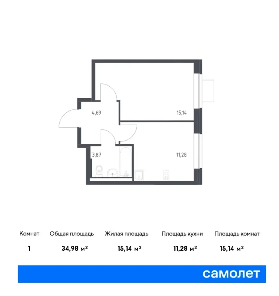 1-но комнатная квартира, 34,98 м², 4 эт., ЖК Подольские Кварталы, фотография 1