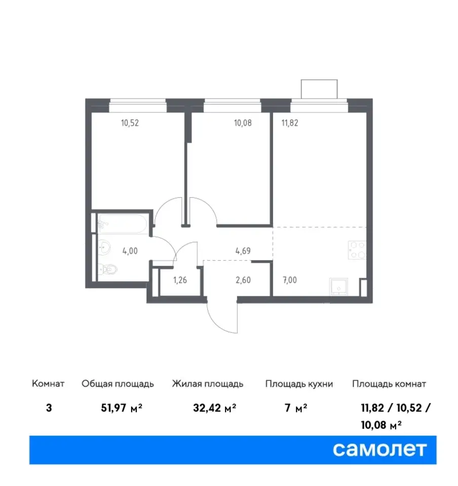 3-х комнатная квартира, 51,97 м², 2 эт., ЖК Богдановский Лес, фотография 1