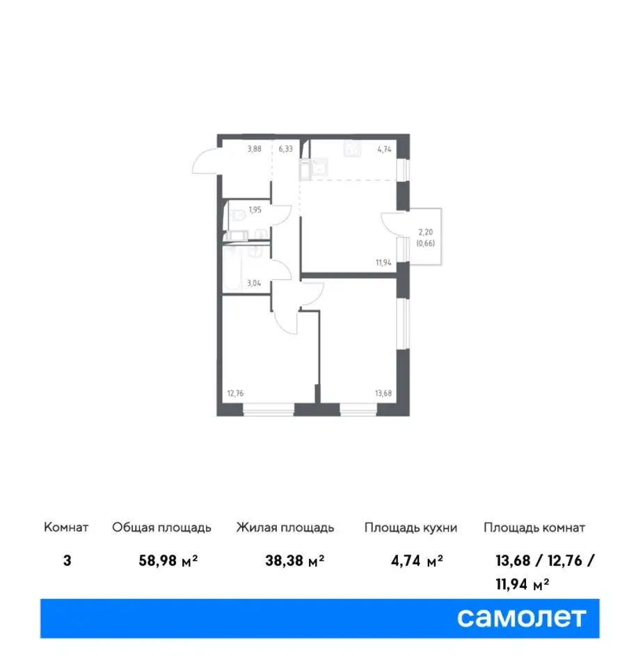 3-х комнатная квартира, 58,98 м², 9 эт., ЖК Пригород Лесное, фотография 1