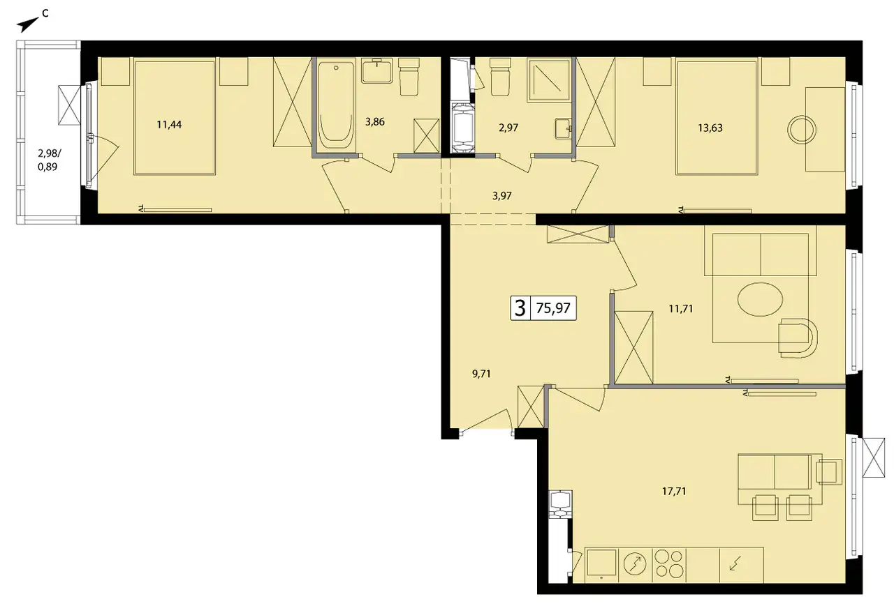 3-х комнатная квартира, 75,97 м², 7 эт., ЖК Эко Видное 2.0, фотография 1