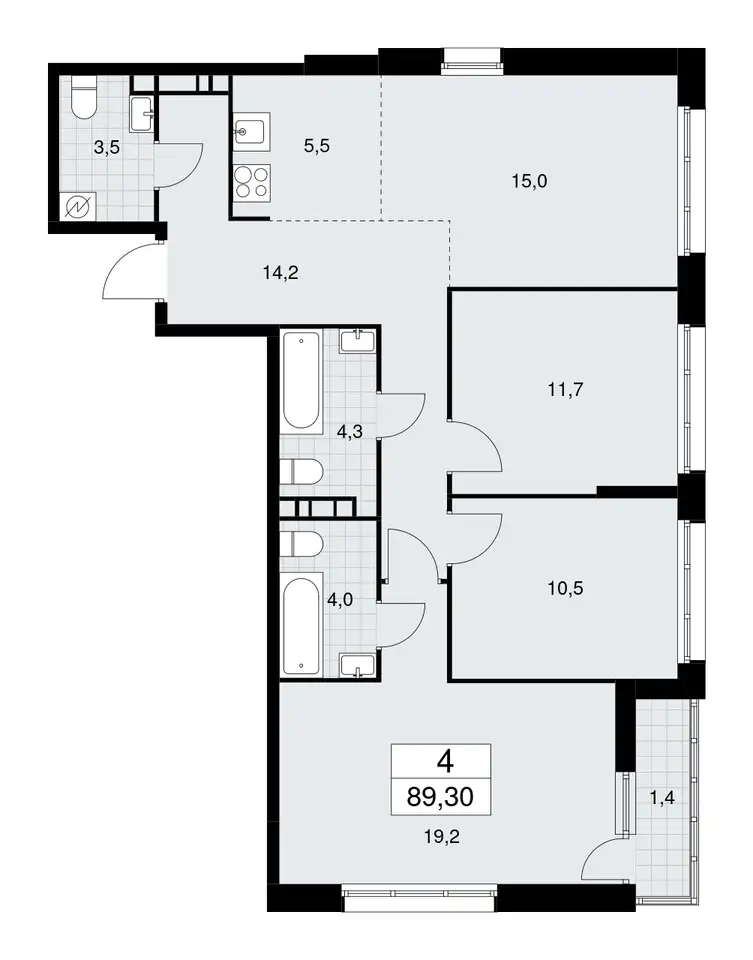 3-х комнатная квартира, 89,30 м², 8 эт., ЖК Родные кварталы, фотография 1