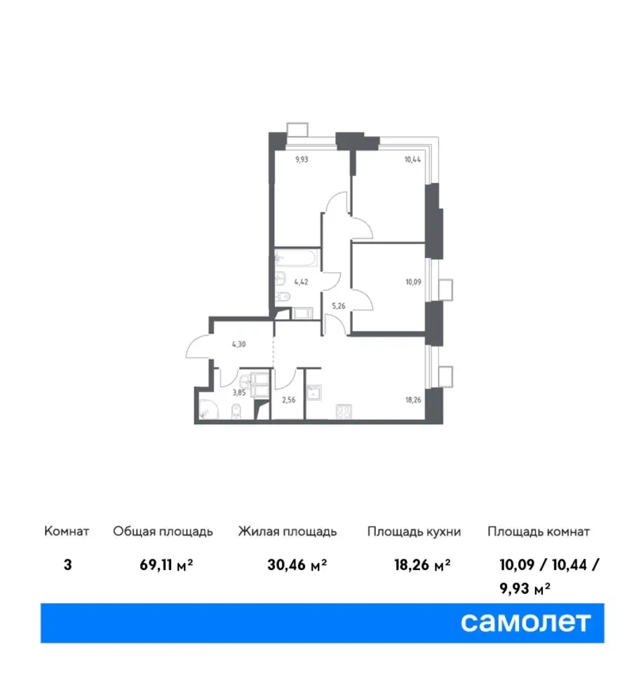 3-х комнатная квартира, 69,11 м², 22 эт., ЖК Тропарево Парк, фотография 1