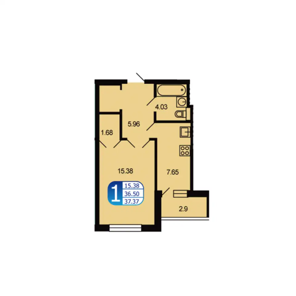 1-но комнатная квартира, 37,37 м², 6 эт., ЖК Москворецкий, фотография 1