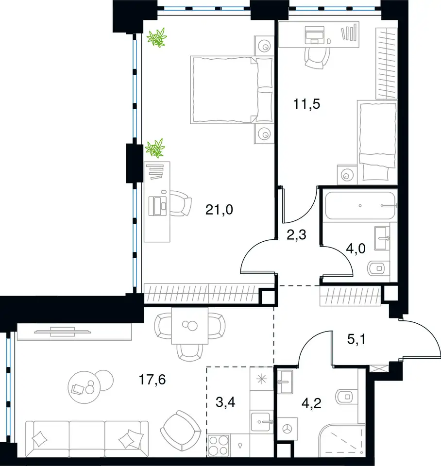3-х комнатная квартира, 69,10 м², 30 эт., ЖК Level Южнопортовый, Левел Южнопортовый, фотография 1