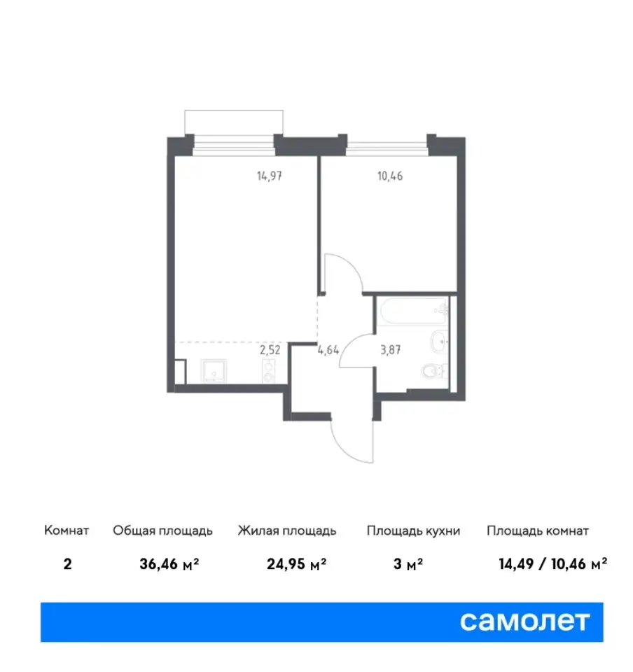 2-х комнатная квартира, 36,46 м², 2 эт., ЖК Новое Внуково, фотография 1